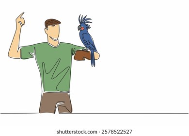 Single continuous line drawing black cockatoo bird perched on hand of man. Cockatoos originate from Australia. Migratory birds. Gentle bird. Man Holding Bird. One line design vector illustration