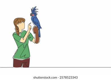 Single continuous line drawing black cockatoo bird perched on hand of woman. Has high pitched voice and charming appearance. Eucalyptus lover. Woman Holding Bird. One line design vector illustration