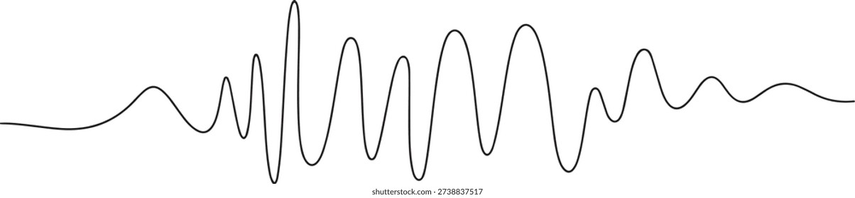 Single continuous line drawing black sound waves. Music audio frequency, voice line waveform, electronic radio signal, volume level symbol. one line Icon drawing
