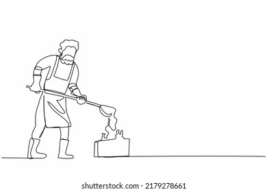 Single Continuous Line Drawing Blacksmith Casting Mold Metal Wearing Protective Uniform. Anvil Worker Male Producing Steel Craft In Metalwork Workshop. One Line Draw Graphic Design Vector Illustration