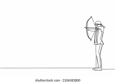 Single continuous line drawing blindfolded businessman shooting arrow. Missed the target. Businessman trying to shoot target with blindfold. Dynamic one line draw graphic design vector illustration