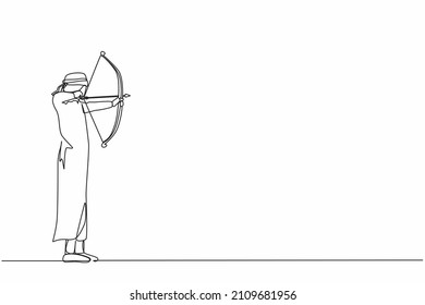 Single continuous line drawing blindfolded Arabic businessman shooting arrow. Missed target. Businessman trying to shoot target with blindfold. Dynamic one line draw graphic design vector illustration