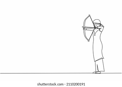 Single continuous line drawing blindfolded young female shooting arrow. Missed the target. Arabian businesswoman trying to shoot target with blindfold. One line draw graphic design vector illustration
