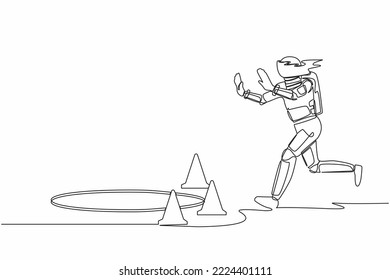 Single continuous line drawing of blindfolded astronaut running to find money with pit hole. Spaceman runs to spaceship business trap. Cosmonaut deep space. One line graphic design vector illustration