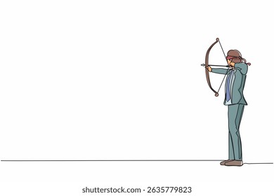 Single continuous line drawing blindfolded businessman shooting arrow. Missed the target. Businessman trying to shoot target with blindfold. Dynamic one line draw graphic design vector illustration