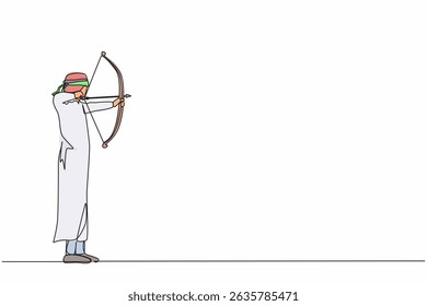 Single continuous line drawing blindfolded Arabic businessman shooting arrow. Missed target. Businessman trying to shoot target with blindfold. Dynamic one line draw graphic design vector illustration