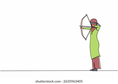 Single continuous line drawing blindfolded young female shooting arrow. Missed the target. Arabian businesswoman trying to shoot target with blindfold. One line draw graphic design vector illustration