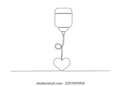 Single continuous line drawing blood bag and hearth. blood donor day concept