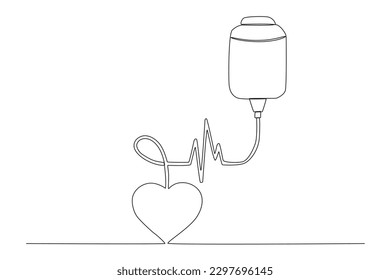 Una sola línea continua dibujando la bolsa de sangre y el pulso. concepto de día de donante de sangre