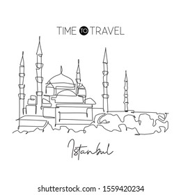 Single continuous line drawing Blue Mosque landmark. Beautiful place in Istanbul, Turkey. World travel Sultan Ahmed Mosque wall decor poster print art. Modern one line draw design vector illustration