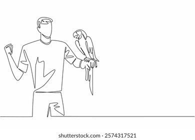 Single continuous line drawing blue gold macaw parrot perched on hand of man. Animals with beautiful, striking colors. Have the ability to speak. Man Holding Bird. One line design vector illustration