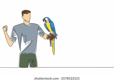 Single continuous line drawing blue gold macaw parrot perched on hand of man. Animals with beautiful, striking colors. Have the ability to speak. Man Holding Bird. One line design vector illustration