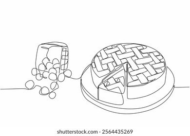 Single continuous line drawing blueberry pie on a round wooden cutting board. Eat together with sweet and sour berries. Deliciousness. National Blueberry Pie Day. One line design vector illustration