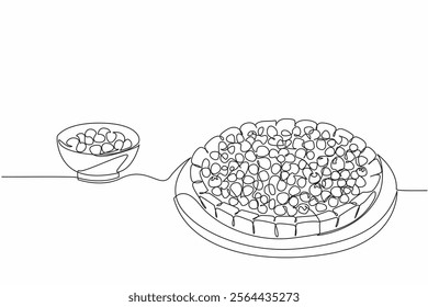 Single continuous line drawing blueberry pie on a round wooden cutting board. Even fresher with a sprinkling of berries. Delicious. National Blueberry Pie Day. One line design vector illustration