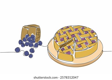 Single continuous line drawing blueberry pie on a round wooden cutting board. Eat together with sweet and sour berries. Deliciousness. National Blueberry Pie Day. One line design vector illustration