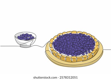 Single continuous line drawing blueberry pie on a round wooden cutting board. Even fresher with a sprinkling of berries. Delicious. National Blueberry Pie Day. One line design vector illustration