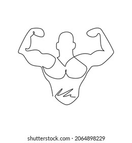 Single continuous line drawing bodybuilder icon, fitness and bodybuilding theme. Fitness gym logo design template weightlifting. Sport fitness club. One line draw graphic design vector illustration