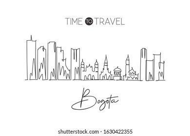 Single continuous line drawing Bogota city skyline, Colombia. Famous city scraper landscape postcard. World travel destination concept. Editable stroke modern one line draw design vector illustration