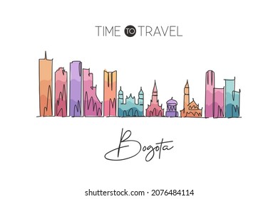 Single continuous line drawing Bogota city skyline, Colombia. Famous city scraper landscape postcard. World travel destination concept. Editable stroke modern one line draw design vector illustration