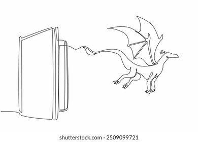 Una sola línea continua dibujando el libro se abre y un dragón volador sale. Cuentos de hadas. Historias de ficción y fantasía. Compañeros a la hora de dormir. Día Mundial de la Narración. Ilustración vectorial de diseño de una línea