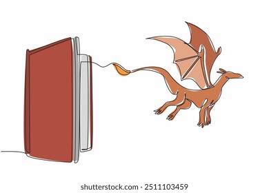 Single continuous line drawing the book opens and a flying dragon comes out. Fairy tales. Fiction and fantasy stories. Bedtime companions. World Storytelling Day. One line design vector illustration