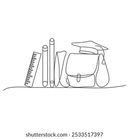 Single continuous line drawing of book, ruler, school bag, graduation cap for page layout. Back to school minimalist style. Education concept. Stationery icon in trendy style design. Vector graphic.