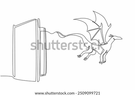 Single continuous line drawing the book opens and a flying dragon comes out. Fairy tales. Fiction and fantasy stories. Bedtime companions. World Storytelling Day. One line design vector illustration