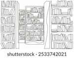 Single continuous line drawing bookcases lined up to create a corridor. The layout of the library makes it easy for visitors. Decoration. National Library Day. One line design vector illustration