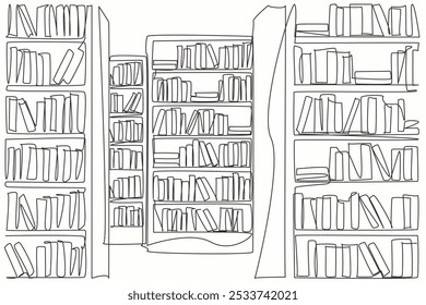 Single continuous line drawing bookcases lined up to create a corridor. The layout of the library makes it easy for visitors. Decoration. National Library Day. One line design vector illustration