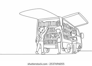 Single continuous line drawing bookmobile event that makes children enthusiastic. Stay focused on reading while standing. Reaching all. National Bookmobile Day. One line design vector illustration