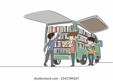 Single continuous line drawing bookmobile event that makes children enthusiastic. Stay focused on reading while standing. Reaching all. National Bookmobile Day. One line design vector illustration