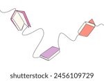 Single continuous line drawing books floating in space. Scientists explain that floating is caused by the loss of the earth's gravitational effect. Book festival. One line design vector illustration