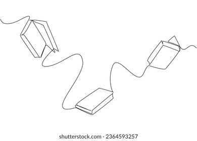 Einzelne fortlaufende Zeichenbücher, die im Weltraum schwimmen. Wissenschaftler erklären, dass das Schwimmen durch den Verlust des Gravitationseffekts der Erde verursacht wird. Buchfestival. Eine Linie design, Vektorgrafik-Illustration