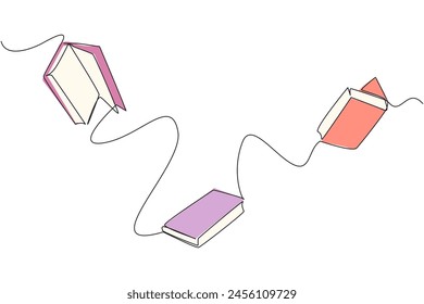 Single continuous line drawing books floating in space. Scientists explain that floating is caused by the loss of the earth's gravitational effect. Book festival. One line design vector illustration