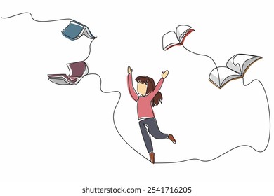 Una sola línea continua dibujando los libros vuela y quiere ser atrapado por la chica que está debajo de ella. Leer es divertido. Conocimiento. Día Internacional del Libro Infantil. Ilustración vectorial de diseño de una línea