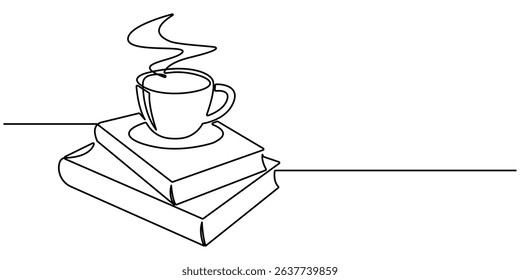 Single continuous line drawing of books with a cup of coffee above on library desk. One line draw coffee and books. Business and education concept. Editable stroke. Doodle vector illustration.