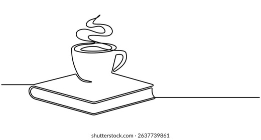 Single continuous line drawing of books with a cup of coffee above on library desk. One line draw coffee and books. Business and education concept. Editable stroke. Doodle vector illustration.