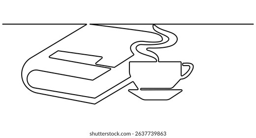 Single continuous line drawing of books with a cup of coffee above on library desk. One line draw coffee and books. Business and education concept. Editable stroke. Doodle vector illustration.