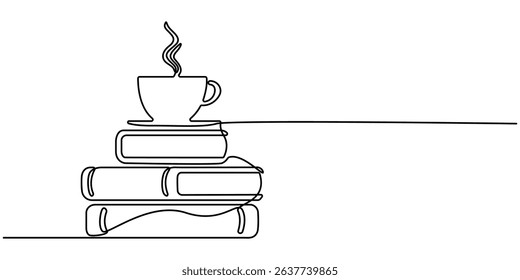 Single continuous line drawing of books with a cup of coffee above on library desk. One line draw coffee and books. Business and education concept. Editable stroke. Doodle vector illustration.