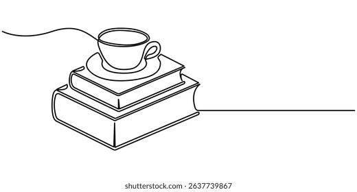 Single continuous line drawing of books with a cup of coffee above on library desk. One line draw coffee and books. Business and education concept. Editable stroke. Doodle vector illustration.