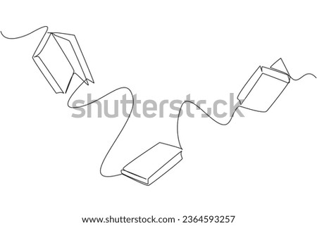 Single continuous line drawing books floating in space. Scientists explain that floating is caused by the loss of the earth's gravitational effect. Book festival. One line design vector illustration