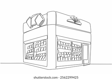 Single continuous line drawing bookstore located in corner of the building. An ancient building that sells many books. Historical place. Independent Bookstore Day. One line design vector illustration