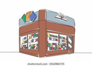 Single continuous line drawing bookstore located in corner of the building. An ancient building that sells many books. Historical place. Independent Bookstore Day. One line design vector illustration