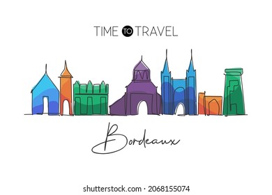 Single continuous line drawing Bordeaux city skyline, France. Famous city skyscraper landscape. World travel home wall decor poster print art concept. Modern one line draw design vector illustration