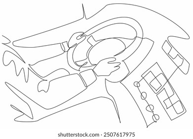 Single continuous line drawing both hands of the bus driver hold the steering wheel. Dashboard with many buttons to control. Focus. Transit Driver Appreciation Day. One line design vector illustration