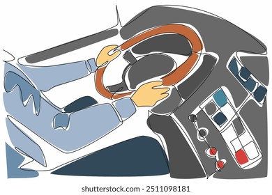 Single continuous line drawing both hands of the bus driver hold the steering wheel. Dashboard with many buttons to control. Focus. Transit Driver Appreciation Day. One line design vector illustration