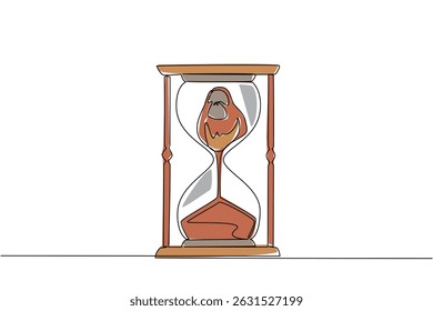 Single continuous line drawing the bottom of the orangutan is sucked into the hourglass. Endemic animals without conservation. National Endangered Species Day. One line design vector illustration
