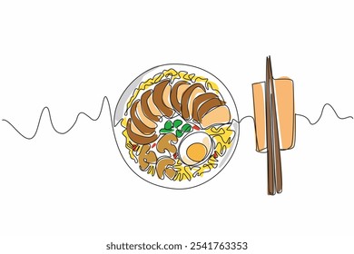 Línea continua única dibujando un tazón de ramen completo con proteína y cobertura vegetal. Sirviendo para Clientes leales. Se come con palillos. Día Nacional del Ramen. Ilustración vectorial de diseño de una línea