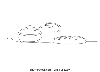 Single continuous line drawing of A bowl of cereal and bread. Dynamic single line draw design graphic vector illustration.