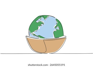 Uma única linha contínua desenhando uma tigela com o topo feito em um globo e vários talos de trigo. A incerteza alimentar continua a existir. Problema. Dia Mundial da Fome. Ilustração de vetor de design de uma linha